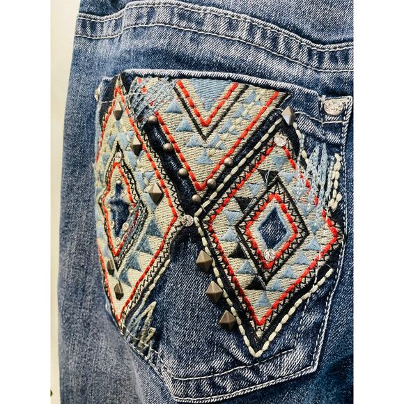 Zenim Denim Western Embroidered Back Pockets Slight Flared Mid Rise Jeans SZ 14 - Picture 7 of 11